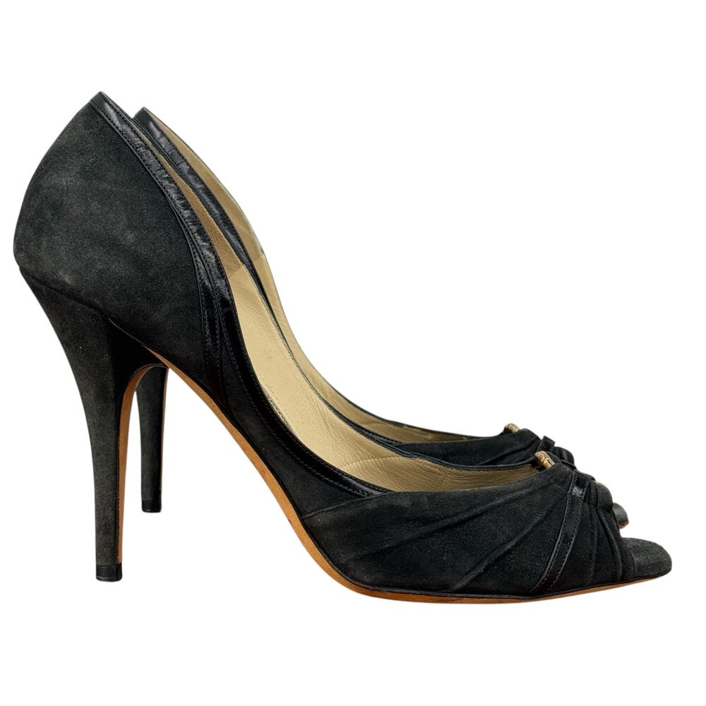 Jimmy Choo Black Pump Hammered Gold Ring SZ 39 Women's Suede Simone Heel Italy